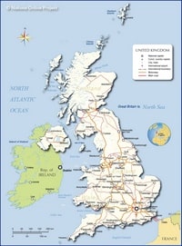 Carte du Royaume-Uni avec les villes, les routes principales, les autoroutes, les aéroports et la capitale Londres