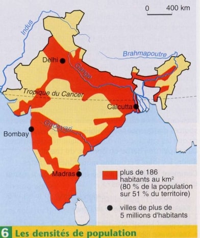 Carte des grandes villes d'Inde et de la densité de la population
