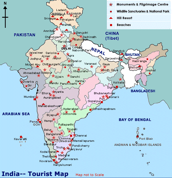 carte Inde des monuments et des parc nationaux et des plages