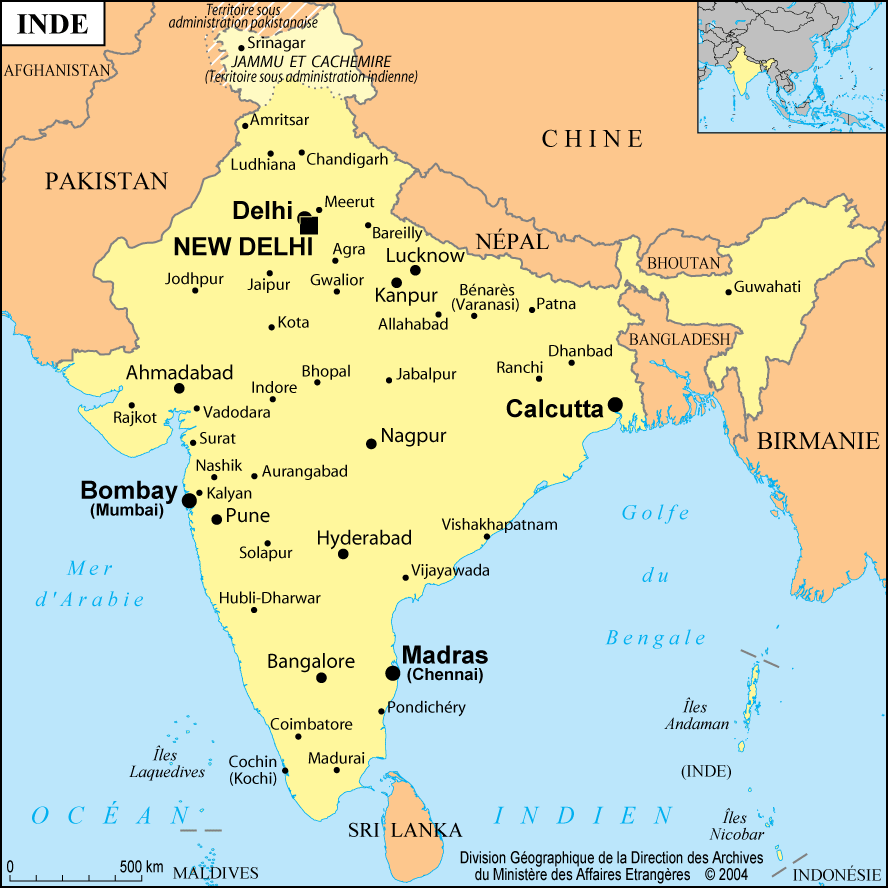 Carte de L'inde avec les villes et l'échelle.