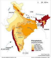 Carte Inde avec les précipitations annuelles moyennes