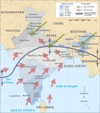 Carte Inde avec la date d'arrivée de la mousson et la direction des vents