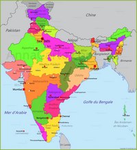 Carte Inde avec les régions, la capitale New Delhi et les territoires contestés