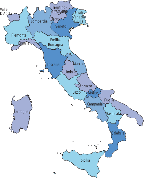 Carte vierge de l'Italie - carte Vierge de l'Italie avec les régions (le  Sud de l'Europe - Europe)