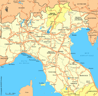 Carte de l'Italie nord avec les routes, les villes, les régions et les lacs