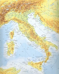 Carte de l'Italie physique avec les montagnes, les sommets montagneux, le relief et les rivières