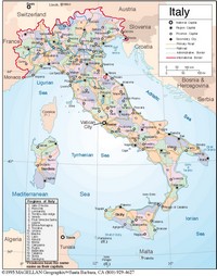 Carte de l'Italie avec les provinces, les routes principales, secondaires et les chemins de fer