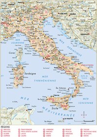 Carte de l'Italie avec les régions, les routes, les aéroports, les sites touristiques, les rivières et les sommets montagneux