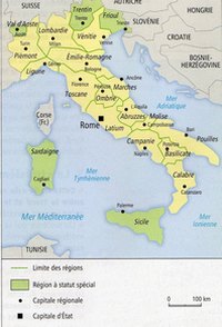 Carte de l'Italie avec les régions et celles qui possèdent un statut spécial