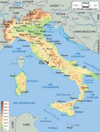 Carte de l'Italie avec le relief, les villes et l'altitude en mètre