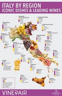 Carte de l'Italie avec les spécialités culinaires, les vins selon les régions