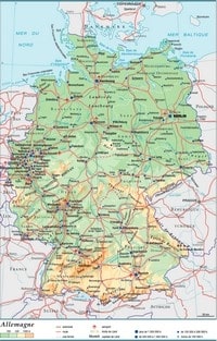 Carte de l'Allemagne avec l'altitude, les autoroutes, les routes et les aéroports