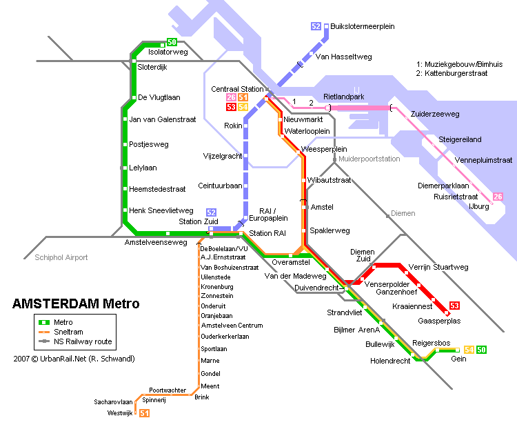 Carte des transports en commun d'Amsterdam, le métro, le tram et le train.