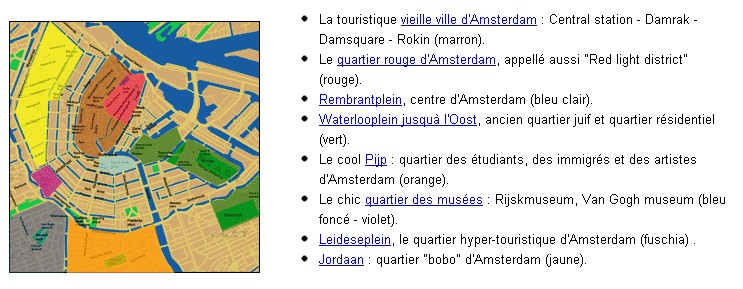 Carte des quartiers d'Amsterdam en couleur avec une légende.