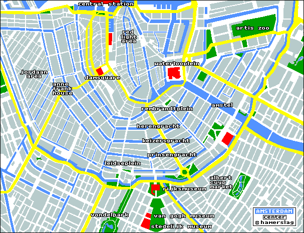 Carte simplifiée du centre d'Amsterdam.