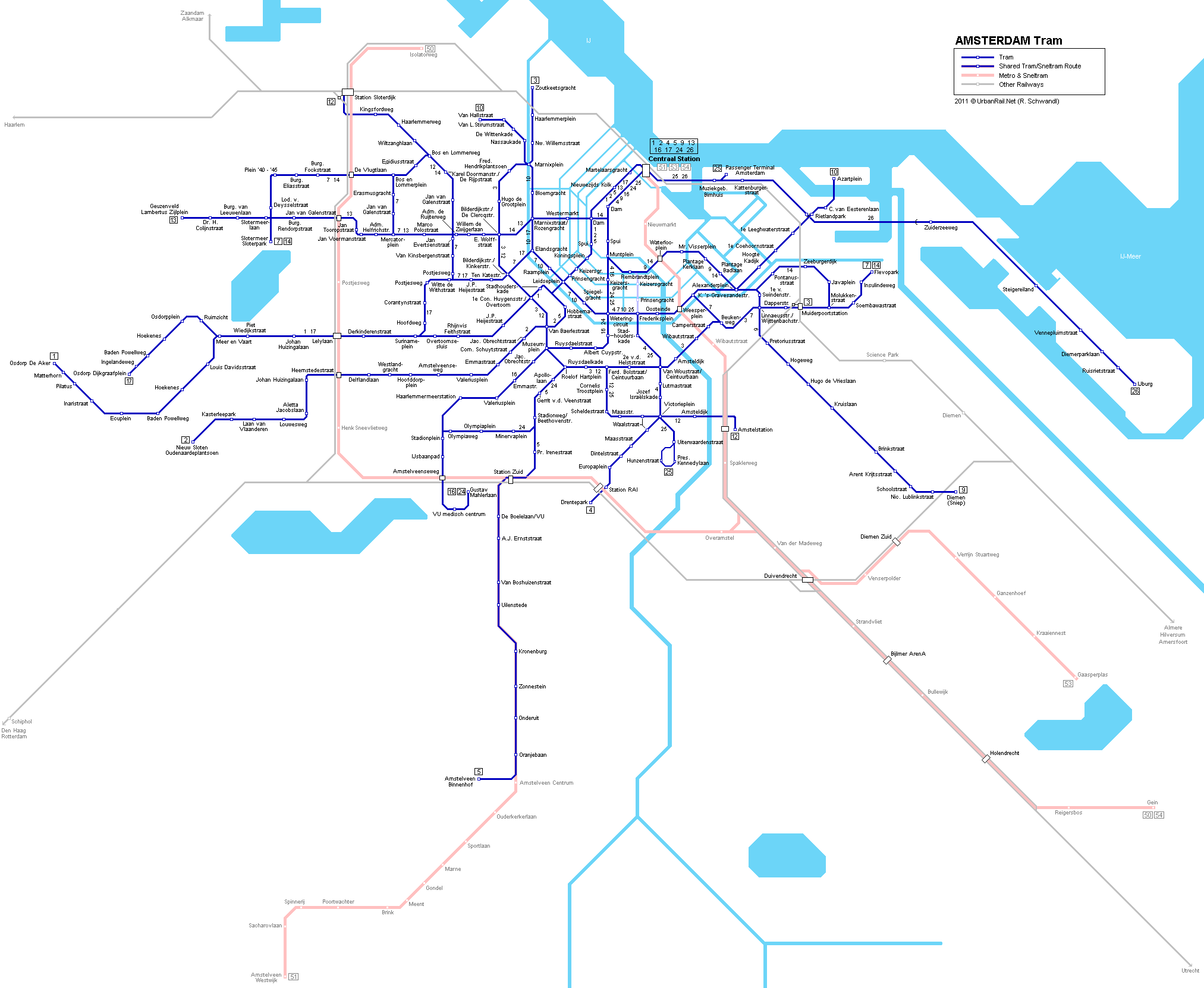 Grande carte d'Amsterdam avec les lignes de métro, de tram et de train.
