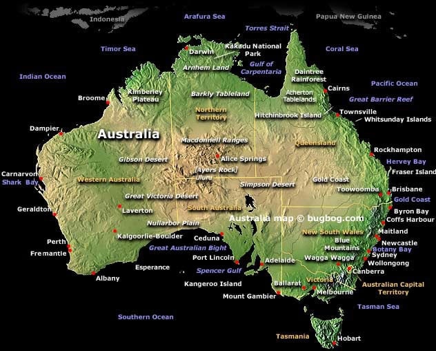 Carte de l'Australie avec les villes, les Etats, le relief et les océans.