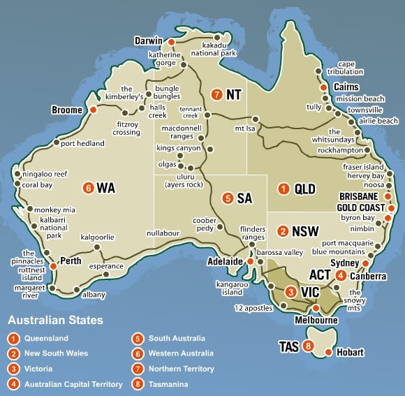 Carte de l'Australie avec les villes et les Etats.