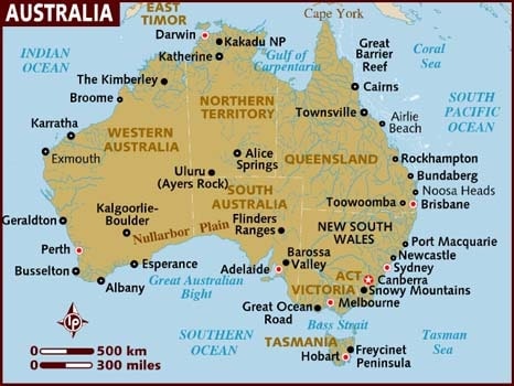 Carte de l'Australie avec les deux échelles en miles et en kilomètre.