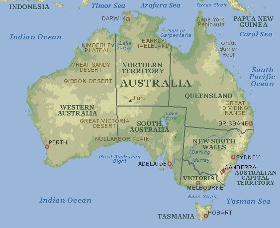 Carte physique de l'Australie.