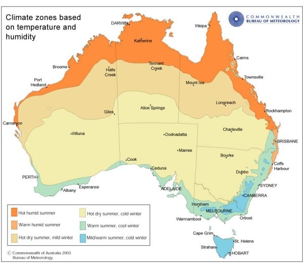 Carte du climat de l'Australie avec les températures et l'humidité en été et en hiver.