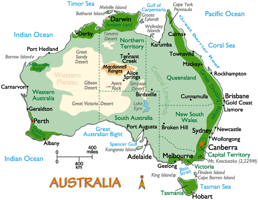 Carte de l'Australie avec la végétation, les forêts, les villes et les Etats.