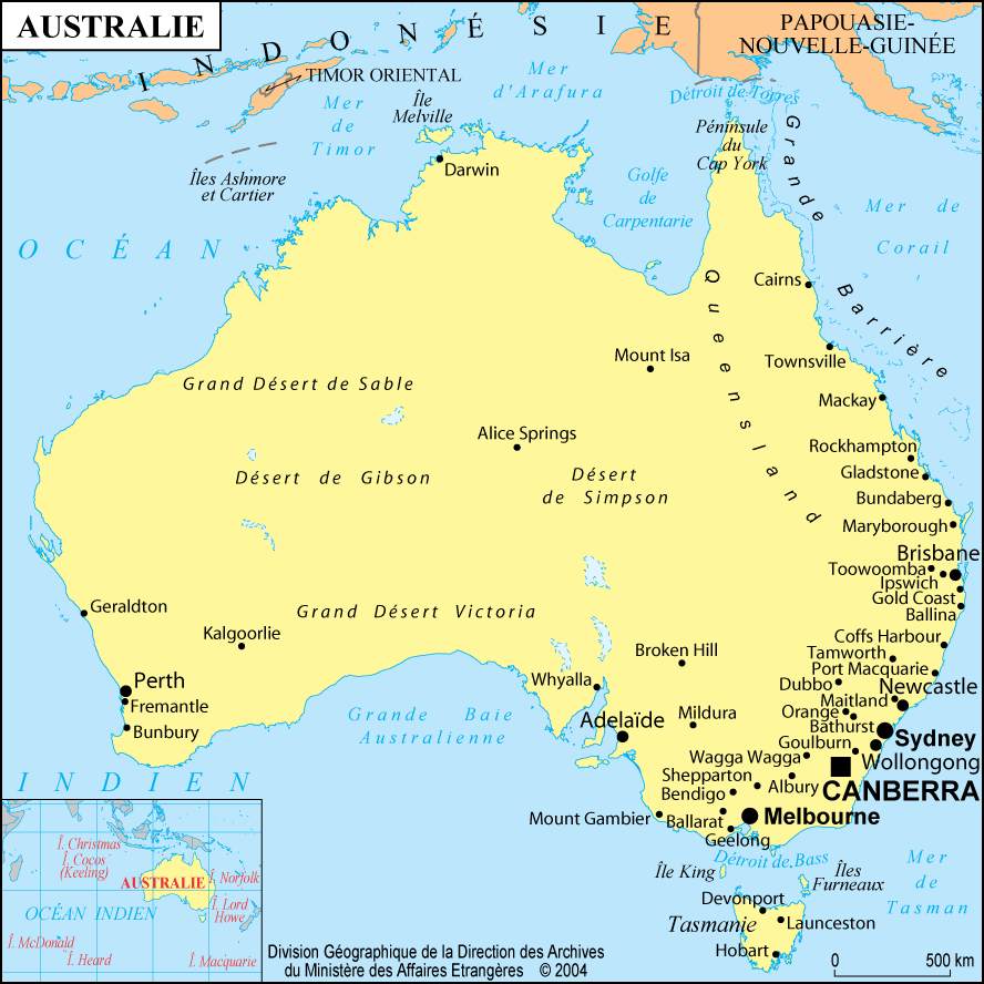 Carte de l'Australie avc les villes, l'échelle, les kilometres et les îles alentours.