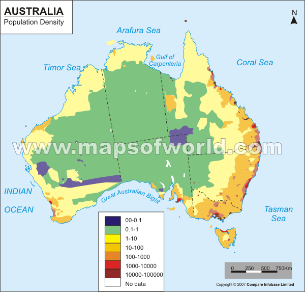 Carte de la densité de la population en Australie.