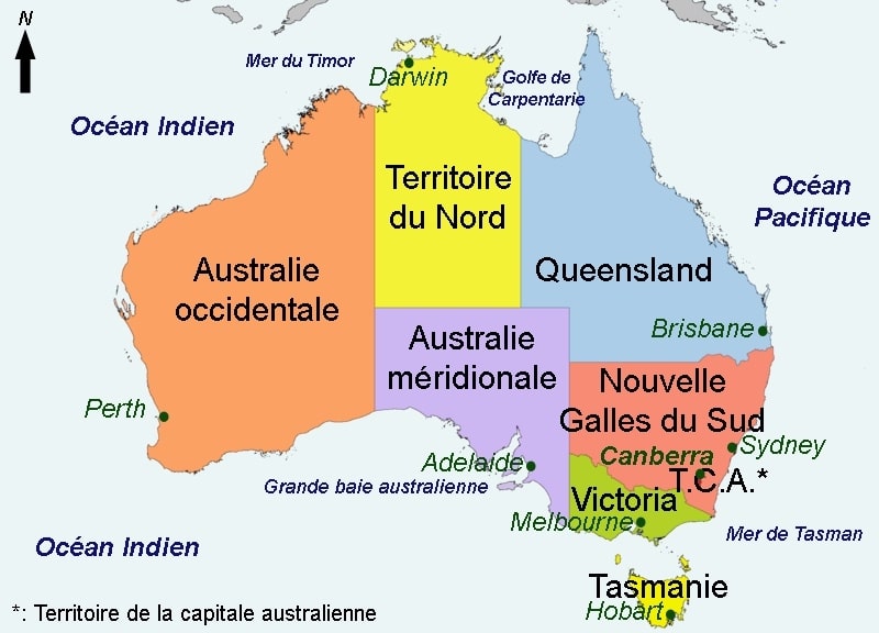 Carte des Etats de l'Australie avec la capitale Canberra.