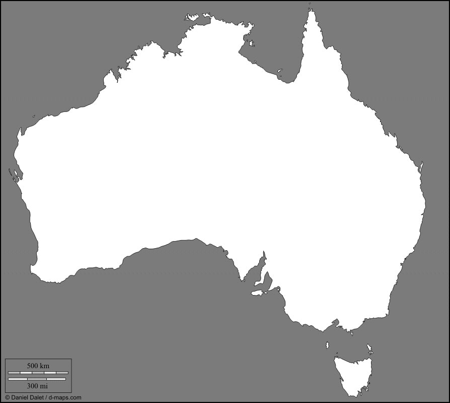 Carte vierge de l'Australie avec l'échelle en miles et en kilomètre.