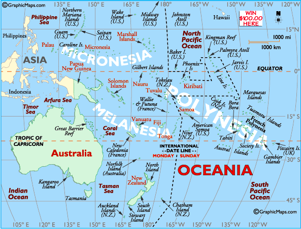 Carte des îles et des océans autour de l'Australie.