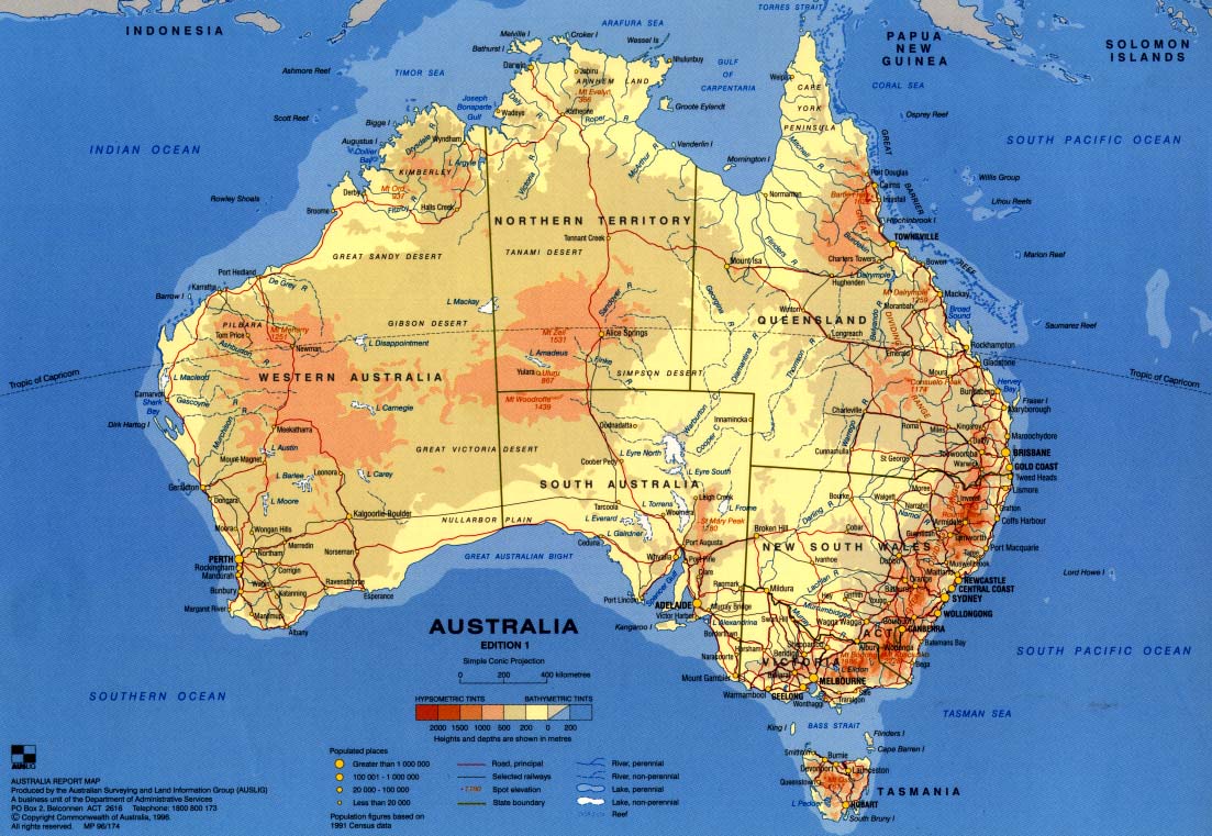 Grande carte de l'Australie avec l'altitude en mètre.
