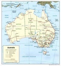 Carte de l'Australie avec les frontières des Etats et leurs capitales, les chemins de fer, les autoroutes, les routes et l'échelle en km et miles