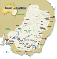 Carte du Murray Darling bassin en Australie avec les grandes villes et les petites villes, l'hydrographie avec les lacs et les rivières
