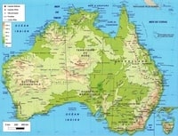 Carte de l'Australie avec le relief, l'altitude, l'échelle, les villes, les lacs, les montagnes, les baies et les caps
