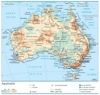 Carte de l'Australie avec le relief, l'altitude, les routes, les voies ferrées, les lacs et les points culminants