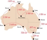 Carte de l'Australie simple avec la distance en km entre les villes