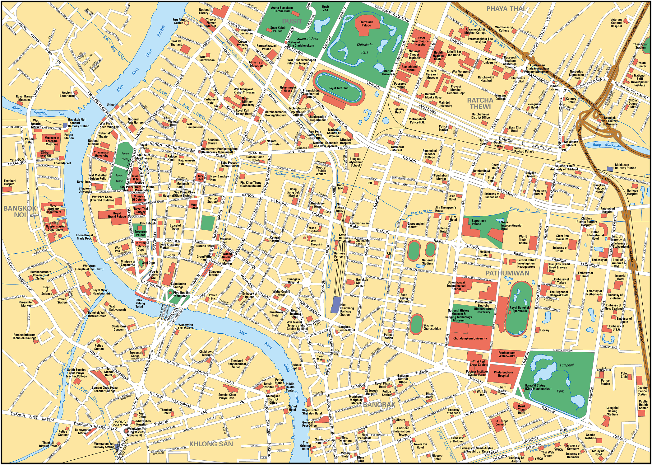 Carte de la ville de Bangkok avec les plus grands hôtels.