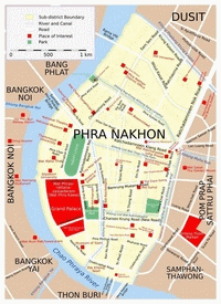 Carte de Bangkok centre avec le quartier de Phra Nakhon, les places touristiques, le grand Palace et le marché