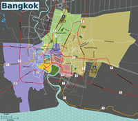 Carte de Bangkok générale avec le nom des quartiers en couleur et les aéroports