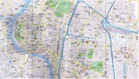Carte de Bangkok avec les informations diverses commes les hopitaux, les transports, la police, les églises et les temples.