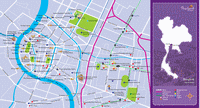 Carte de Bangkok avec les routes, les autoroutes, le métro, les temples, les centres commerciaux, les parcs et les appontements pour les bateaux de transport