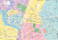Carte de Bangkok avec les rues, les quartiers, le métro, le skytrain et l'aéroport rail link