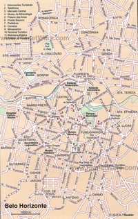 Carte de Belo Horizonte avec les rues, les avenues, l'office du tourisme, les musées, la préfecture et la bibliothèque