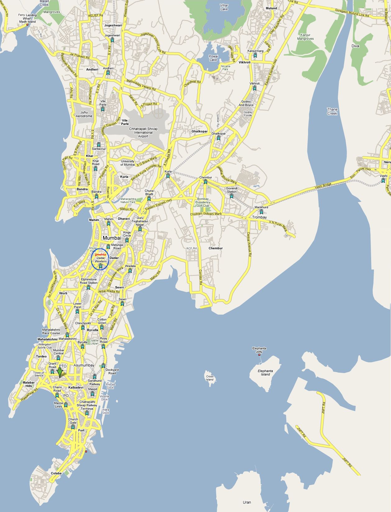 Carte des parcs, des lacs, des mangroves et des musées de Bombay (Mumbai)