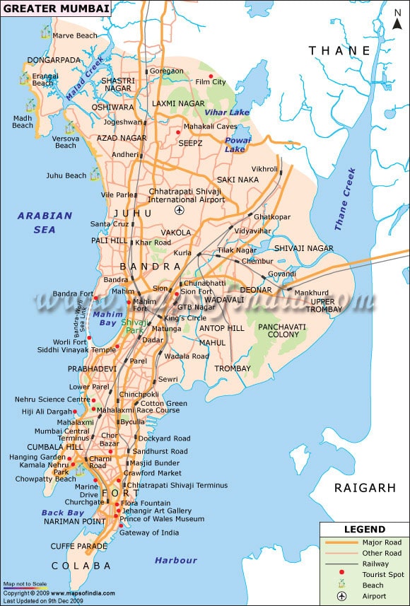 Carte des plages, des zones touristiques et des aéoroports de Bombay (Mumbai).