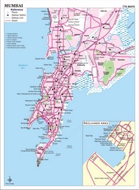 Carte de Bombay ( Mumbai ) des gares, des chemins de fer, des routes et des places de la ville.