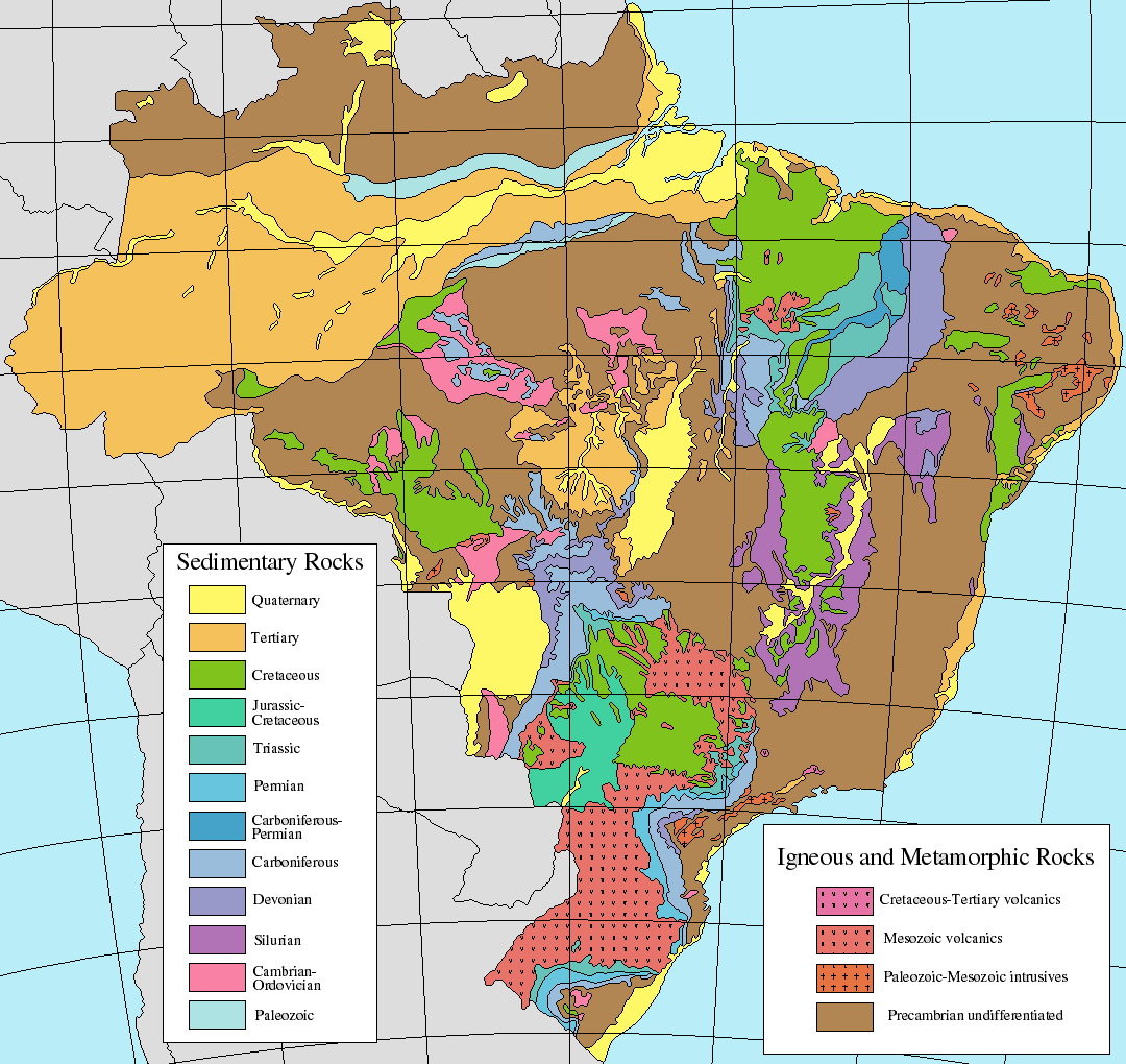 Carte de l'âge des roches sédimentaires présentes dans le sol du Brésil.