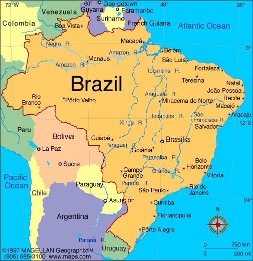 Carte du Brésil avec les fleuves, les villes, pays voisins et l'échelle en kilomètre et en miles.