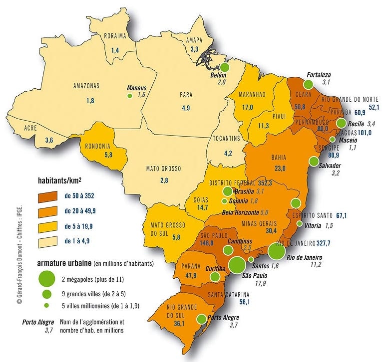 Carte de la densité de la population du Brésil en 2006 par habitant au kilomètre carré.